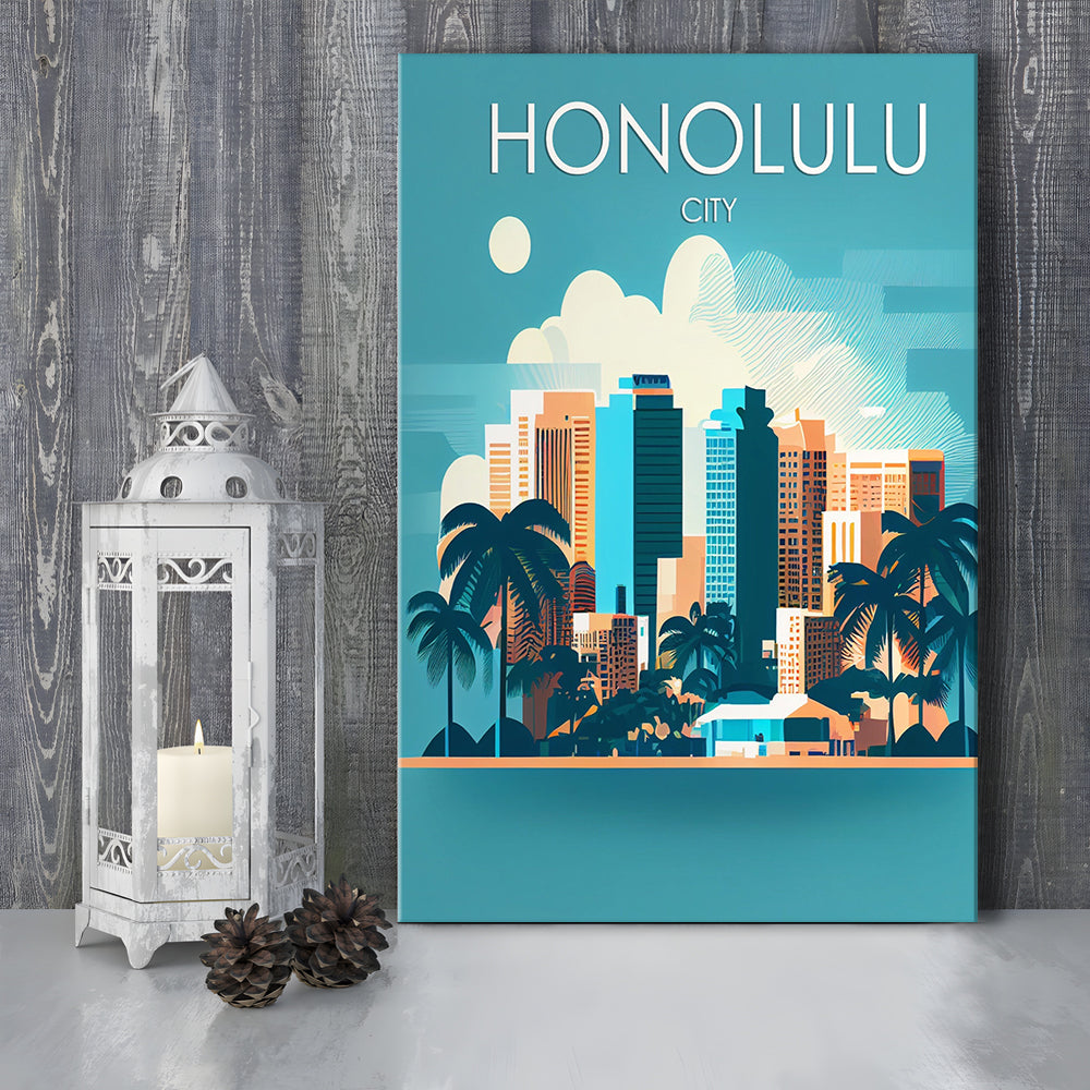 Honolulu City Retro Art Print, Honolulu City City Wall Art, Canvas Print, Painting Canvas, Living Room Decor