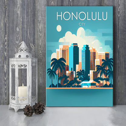 Honolulu City Retro Art Print, Honolulu City City Wall Art, Canvas Print, Painting Canvas, Living Room Decor