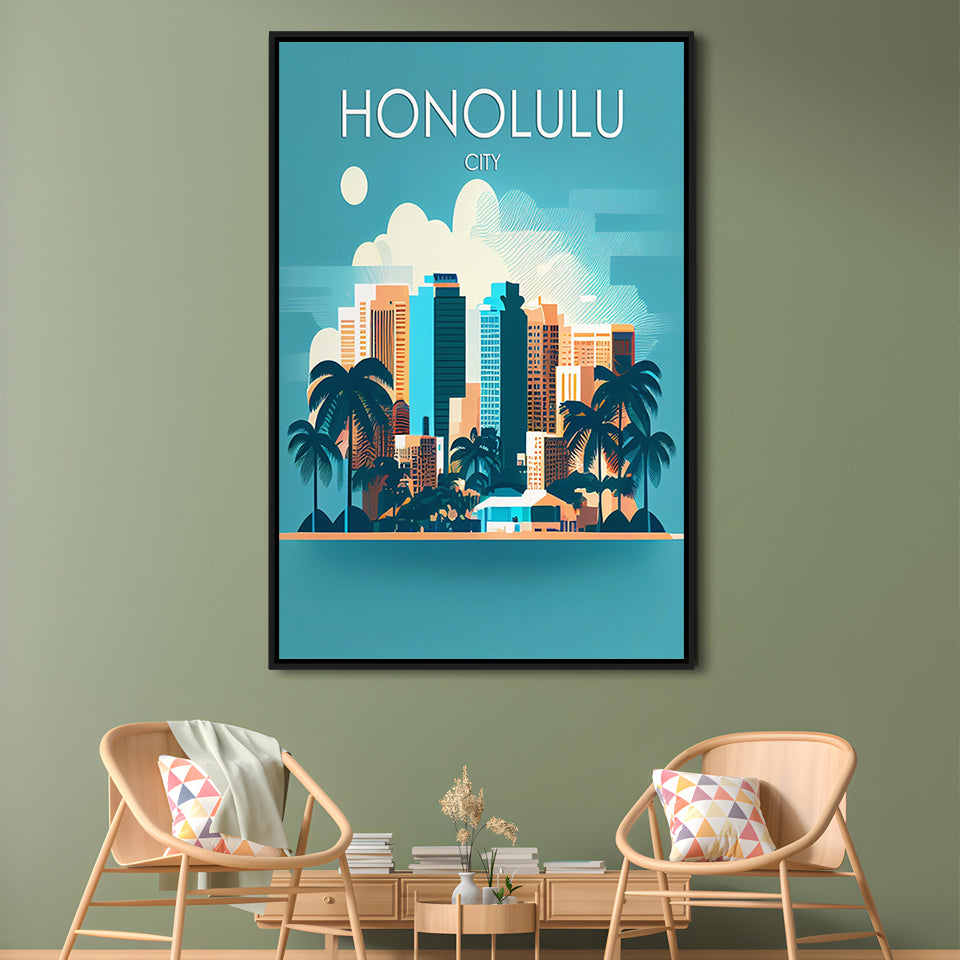 Honolulu City Retro Art Print, Honolulu City City Wall Art, Floating Framed Canvas Print, Framed Picture, Painting Canvas
