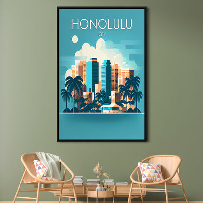 Honolulu City Retro Art Print, Honolulu City City Wall Art, Floating Framed Canvas Print, Framed Picture, Painting Canvas