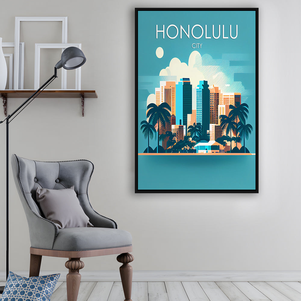 Honolulu City Retro Art Print, Honolulu City City Wall Art, Floating Framed Canvas Print, Framed Picture, Painting Canvas