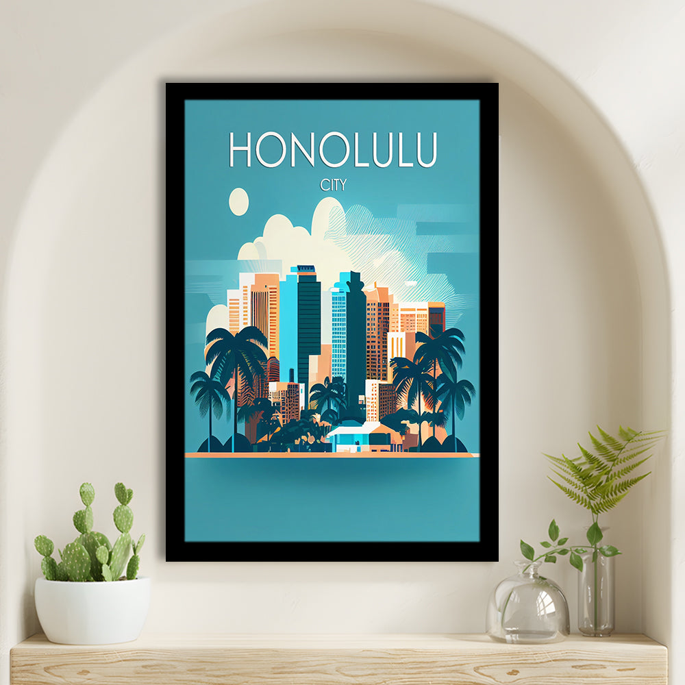 Honolulu City Retro Art Print, Honolulu City City Wall Art, Framed Art Print, Picture Framed, Painting Art