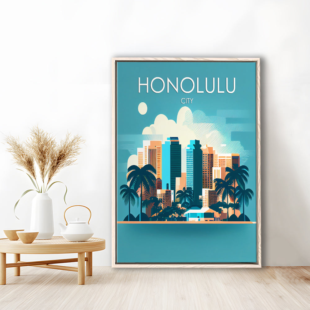 Honolulu City Retro Art Print, Honolulu City City Wall Art, Floating Framed Canvas Print, Framed Picture, Painting Canvas
