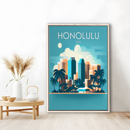 Honolulu City Retro Art Print, Honolulu City City Wall Art, Floating Framed Canvas Print, Framed Picture, Painting Canvas