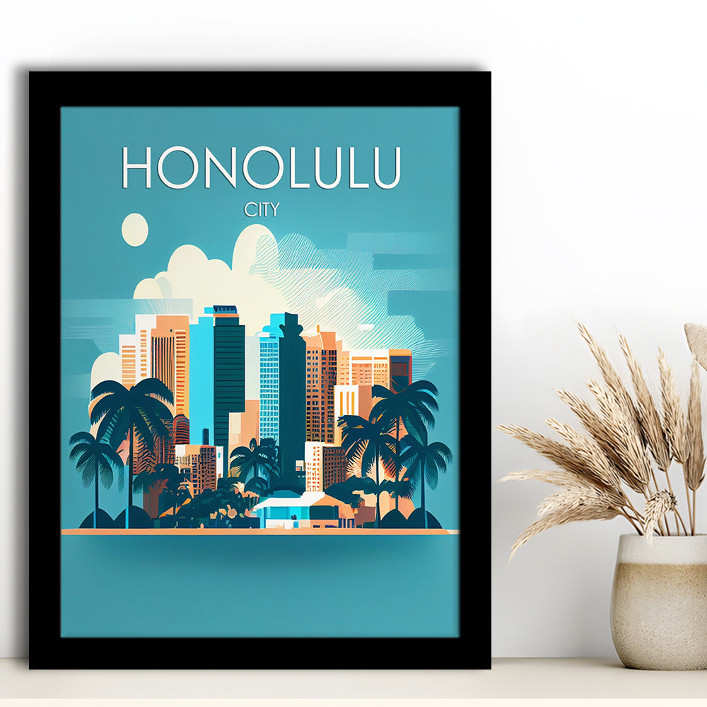 Honolulu City Retro Art Print, Honolulu City City Wall Art, Framed Art Print, Picture Framed, Painting Art