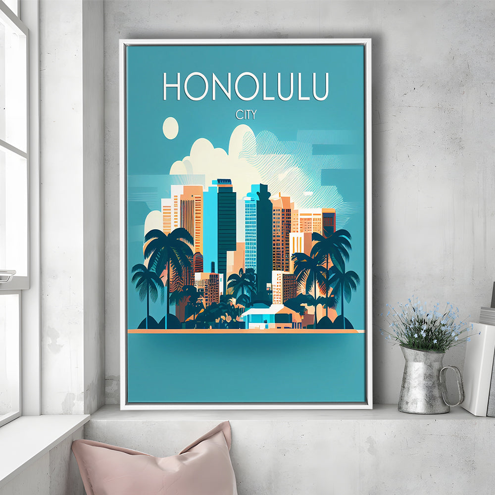 Honolulu City Retro Art Print, Honolulu City City Wall Art, Floating Framed Canvas Print, Framed Picture, Painting Canvas
