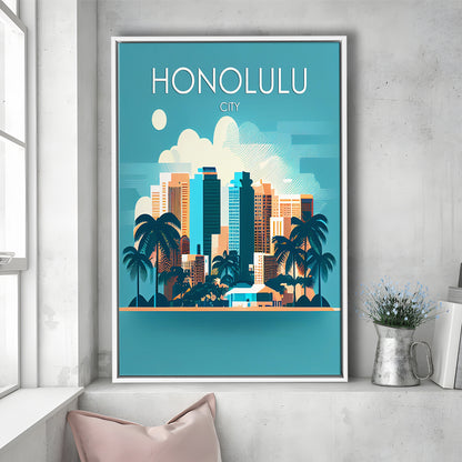 Honolulu City Retro Art Print, Honolulu City City Wall Art, Floating Framed Canvas Print, Framed Picture, Painting Canvas