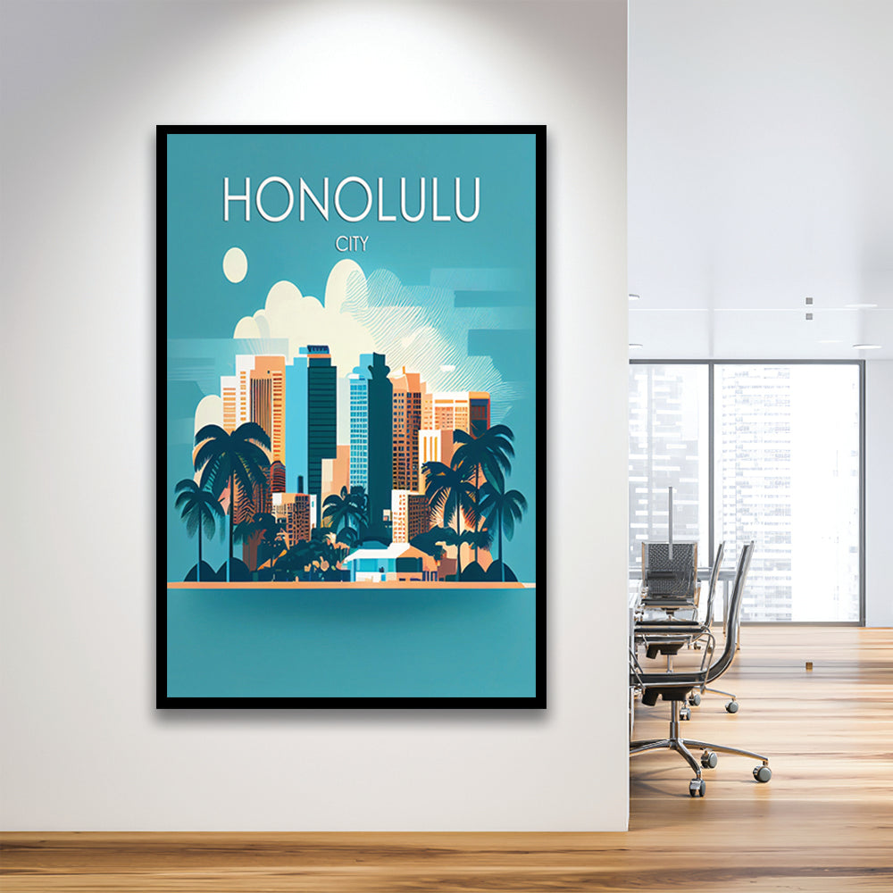 Honolulu City Retro Art Print, Honolulu City City Wall Art, Framed Art Print, Picture Framed, Painting Art
