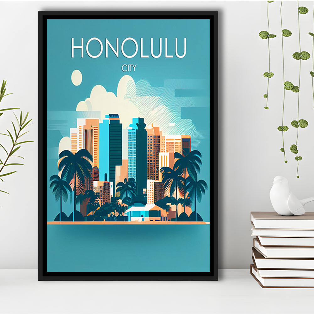 Honolulu City Retro Art Print, Honolulu City City Wall Art, Floating Framed Canvas Print, Framed Picture, Painting Canvas