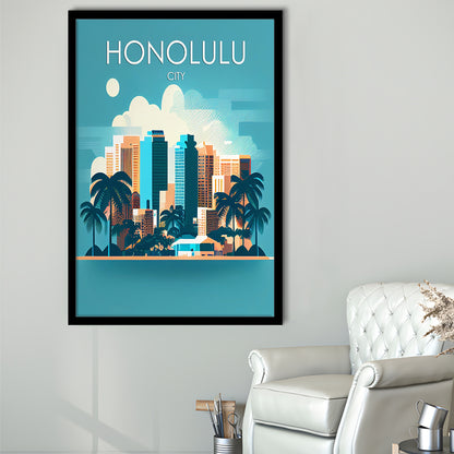 Honolulu City Retro Art Print, Honolulu City City Wall Art, Framed Art Print, Picture Framed, Painting Art