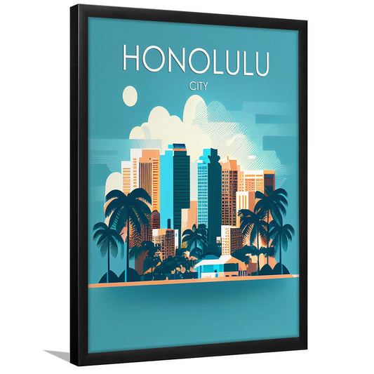 Honolulu City Retro Art Print, Honolulu City City Wall Art, Framed Art Print, Picture Framed, Painting Art