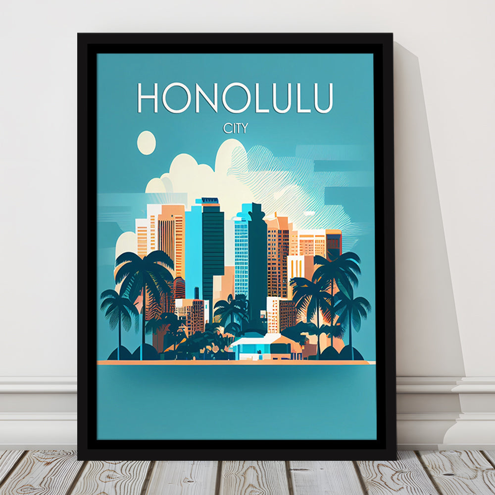 Honolulu City Retro Art Print, Honolulu City City Wall Art, Floating Framed Canvas Print, Framed Picture, Painting Canvas