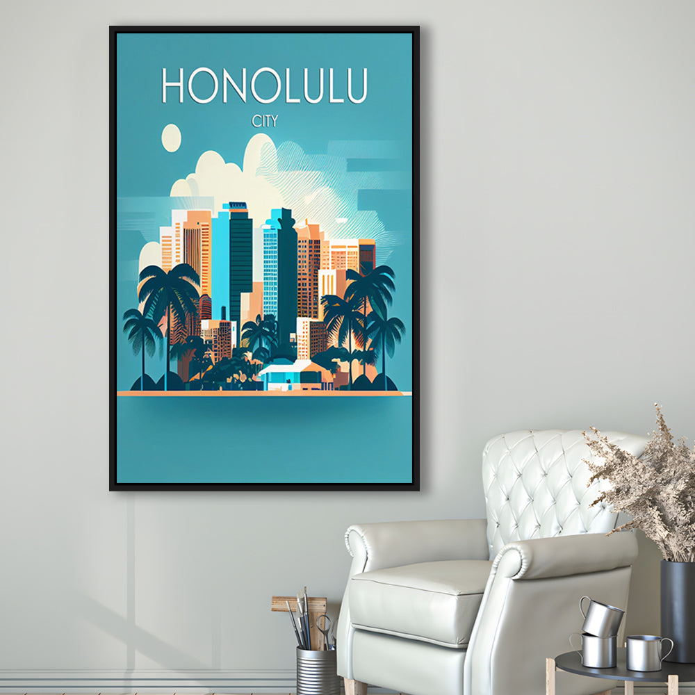 Honolulu City Retro Art Print, Honolulu City City Wall Art, Floating Framed Canvas Print, Framed Picture, Painting Canvas