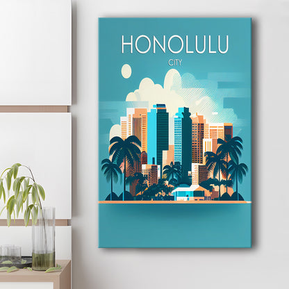 Honolulu City Retro Art Print, Honolulu City City Wall Art, Canvas Print, Painting Canvas, Living Room Decor