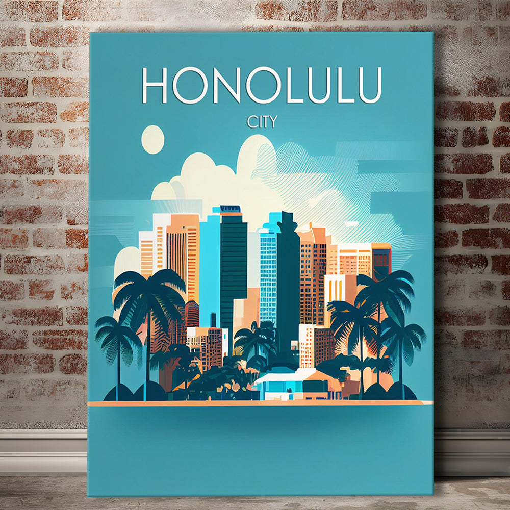 Honolulu City Retro Art Print, Honolulu City City Wall Art, Canvas Print, Painting Canvas, Living Room Decor