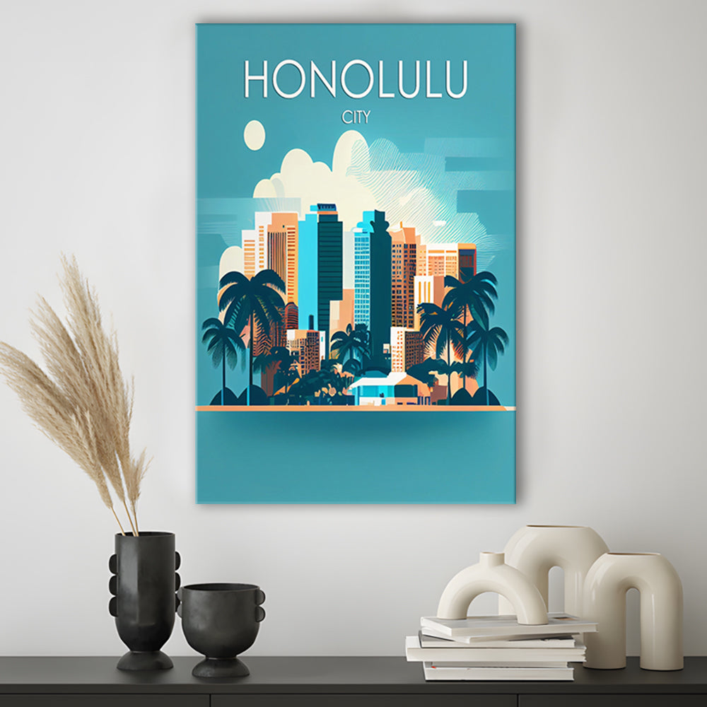 Honolulu City Retro Art Print, Honolulu City City Wall Art, Canvas Print, Painting Canvas, Living Room Decor
