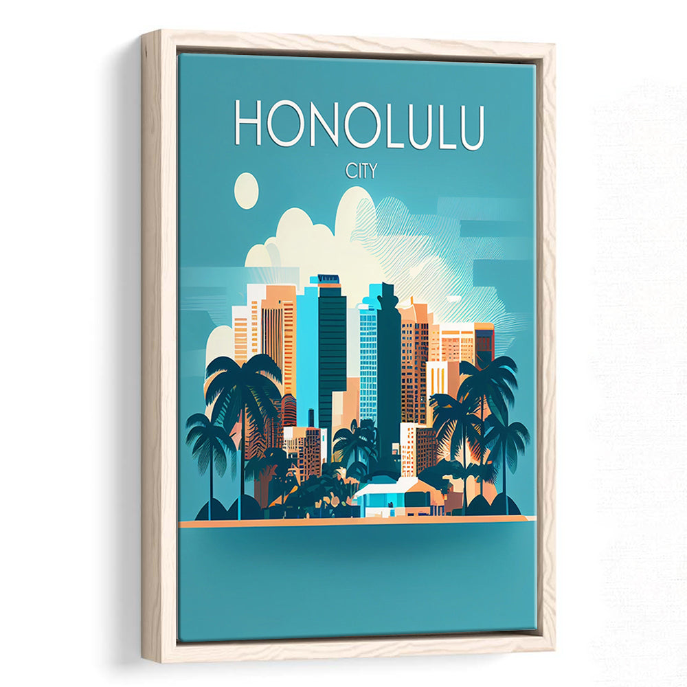 Honolulu City Retro Art Print, Honolulu City City Wall Art, Floating Framed Canvas Print, Framed Picture, Painting Canvas