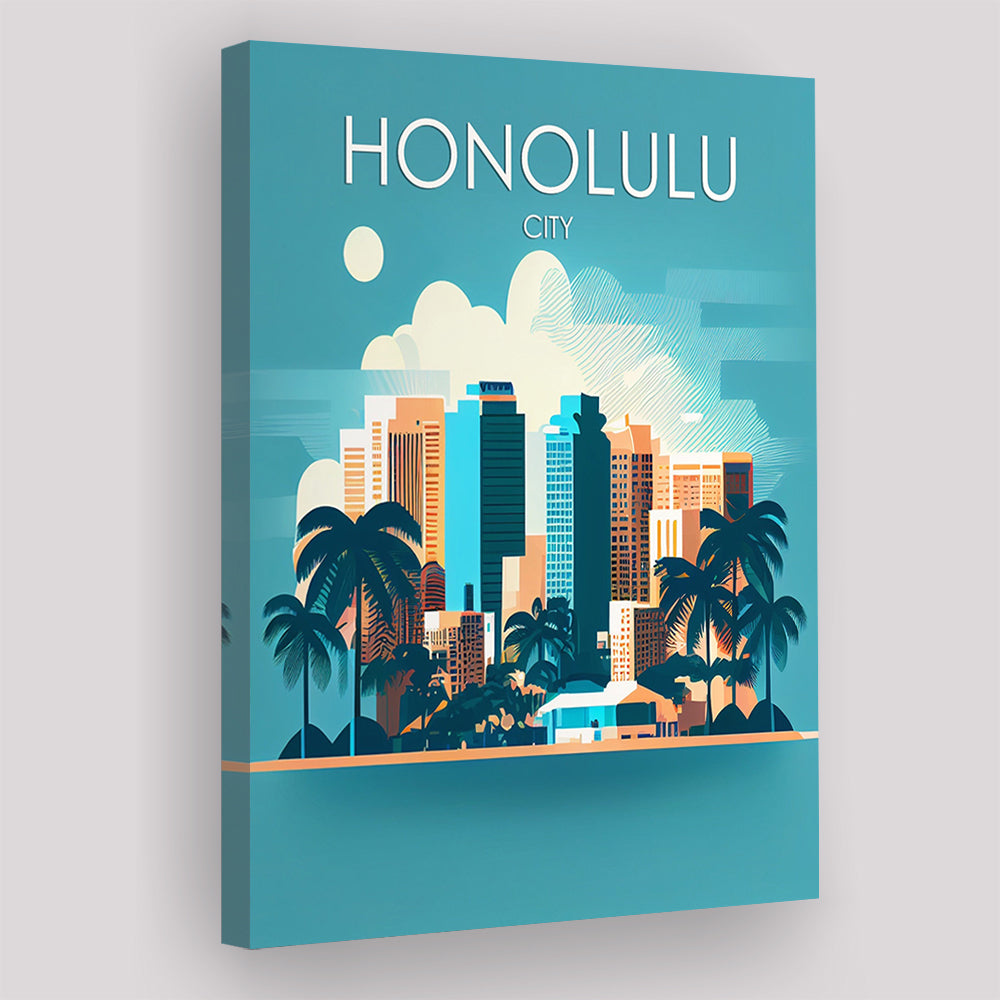 Honolulu City Retro Art Print, Honolulu City City Wall Art, Canvas Print, Painting Canvas, Living Room Decor