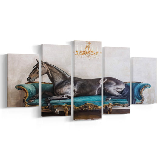 Horse Art Print,Farmhouse Decor,Vintage Print,Funny Horse Print, 5 Panel Mixed Canvas Print Wall Art, Large Canvas