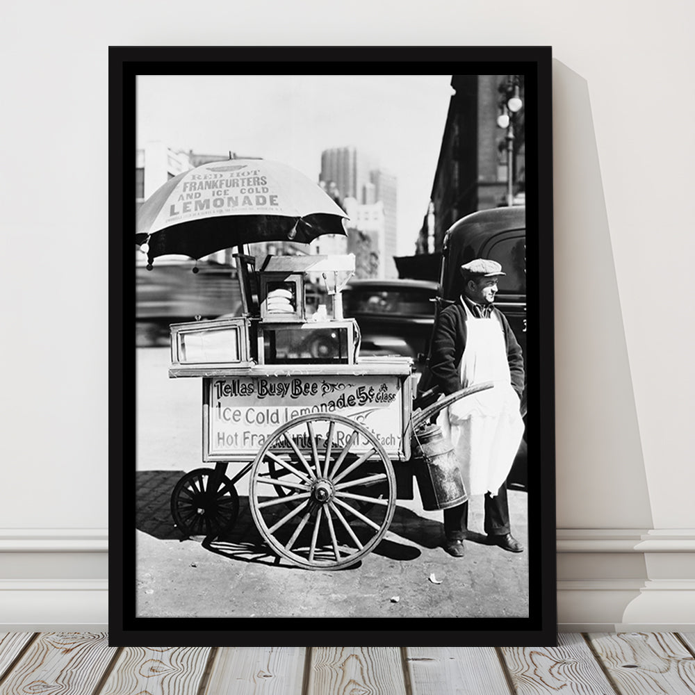 Hot Dog Stand New York City Black and White Art Kitchen Wall Decor, Floating Framed Canvas Print
