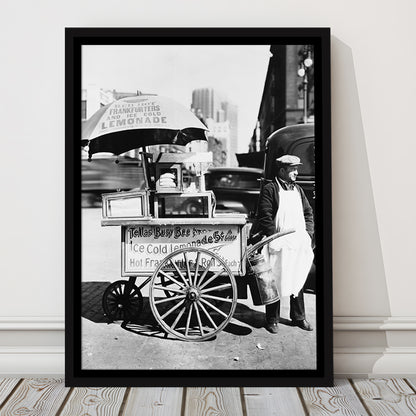 Hot Dog Stand New York City Black and White Art Kitchen Wall Decor, Floating Framed Canvas Print
