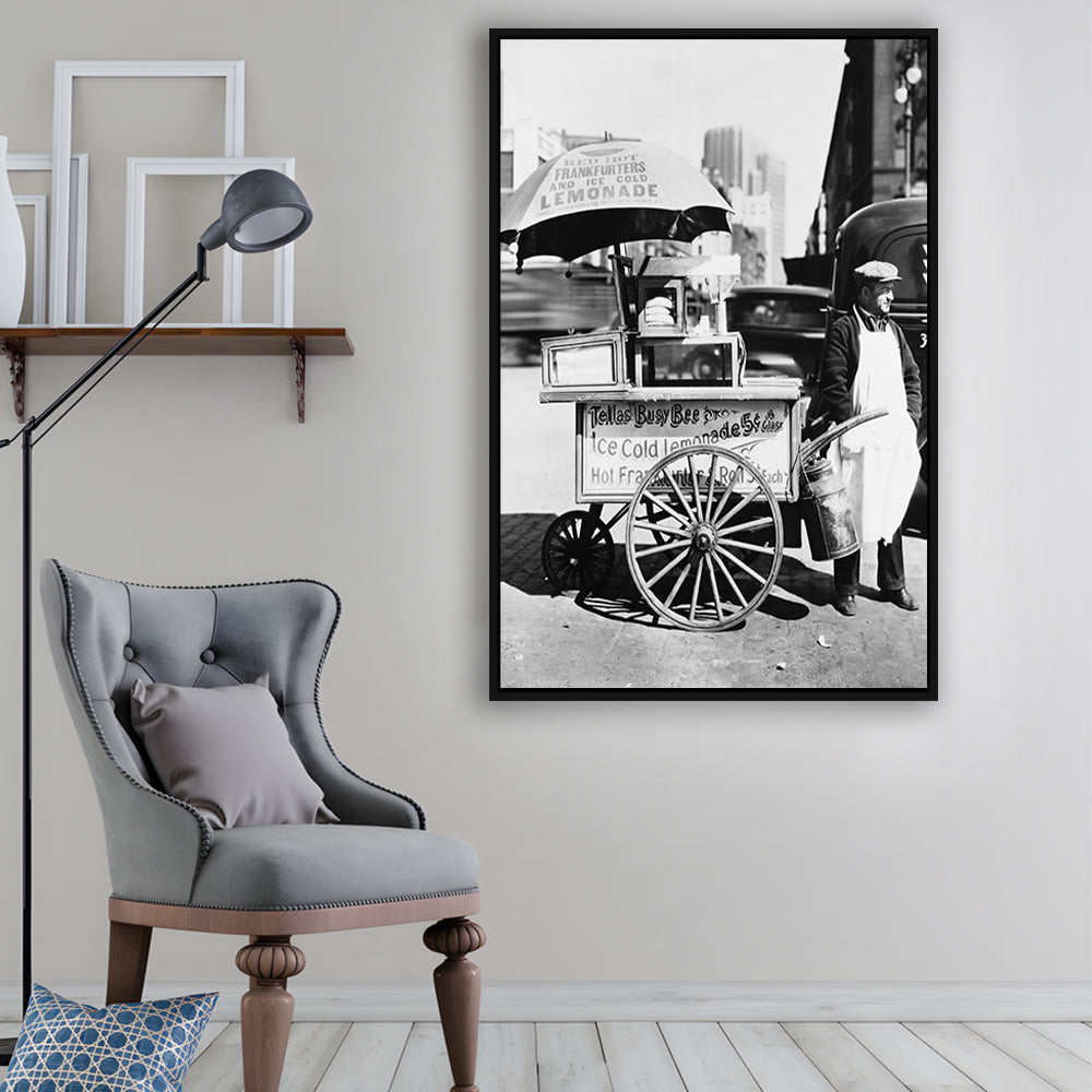 Hot Dog Stand New York City Black and White Art Kitchen Wall Decor, Floating Framed Canvas Print