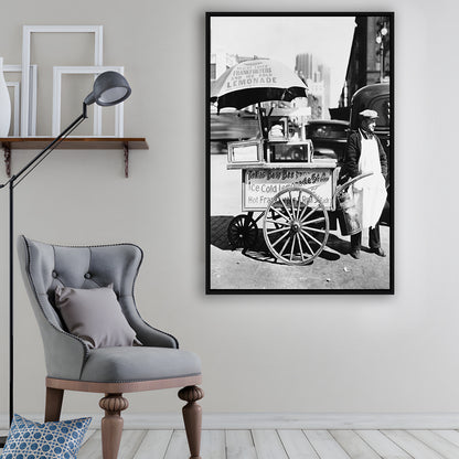 Hot Dog Stand New York City Black and White Art Kitchen Wall Decor, Floating Framed Canvas Print