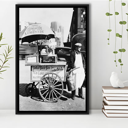 Hot Dog Stand New York City Black and White Art Kitchen Wall Decor, Floating Framed Canvas Print