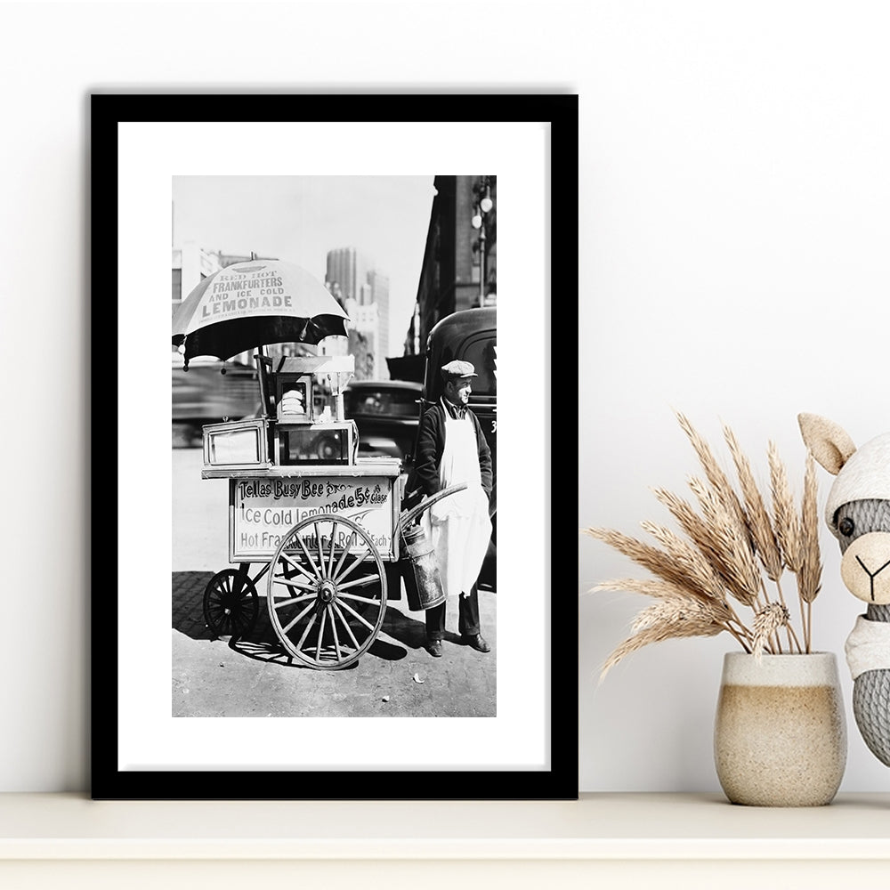 Hot Dog Stand New York City Black and White Art Kitchen Wall Decor, Framed Art Print White Border Wall Decor