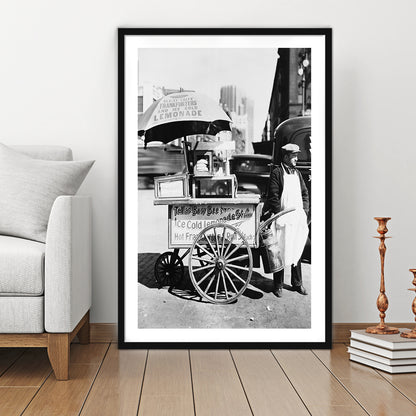Hot Dog Stand New York City Black and White Art Kitchen Wall Decor, Framed Art Print White Border Wall Decor