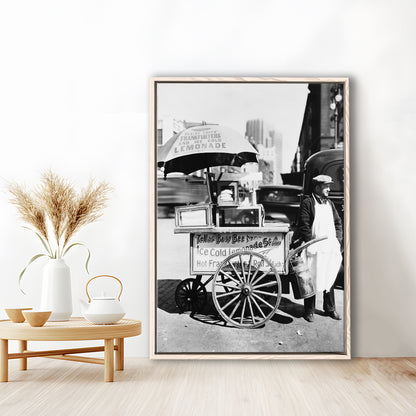 Hot Dog Stand New York City Black and White Art Kitchen Wall Decor, Floating Framed Canvas Print
