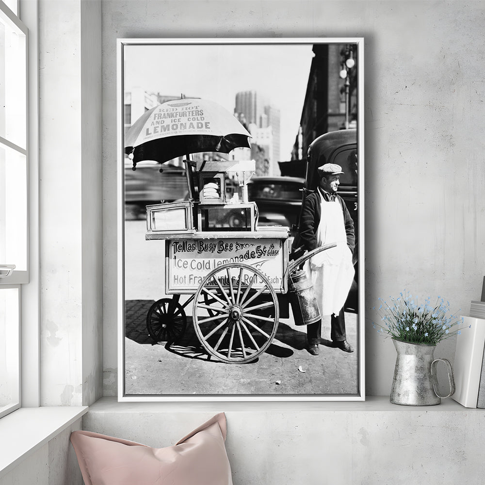 Hot Dog Stand New York City Black and White Art Kitchen Wall Decor, Floating Framed Canvas Print