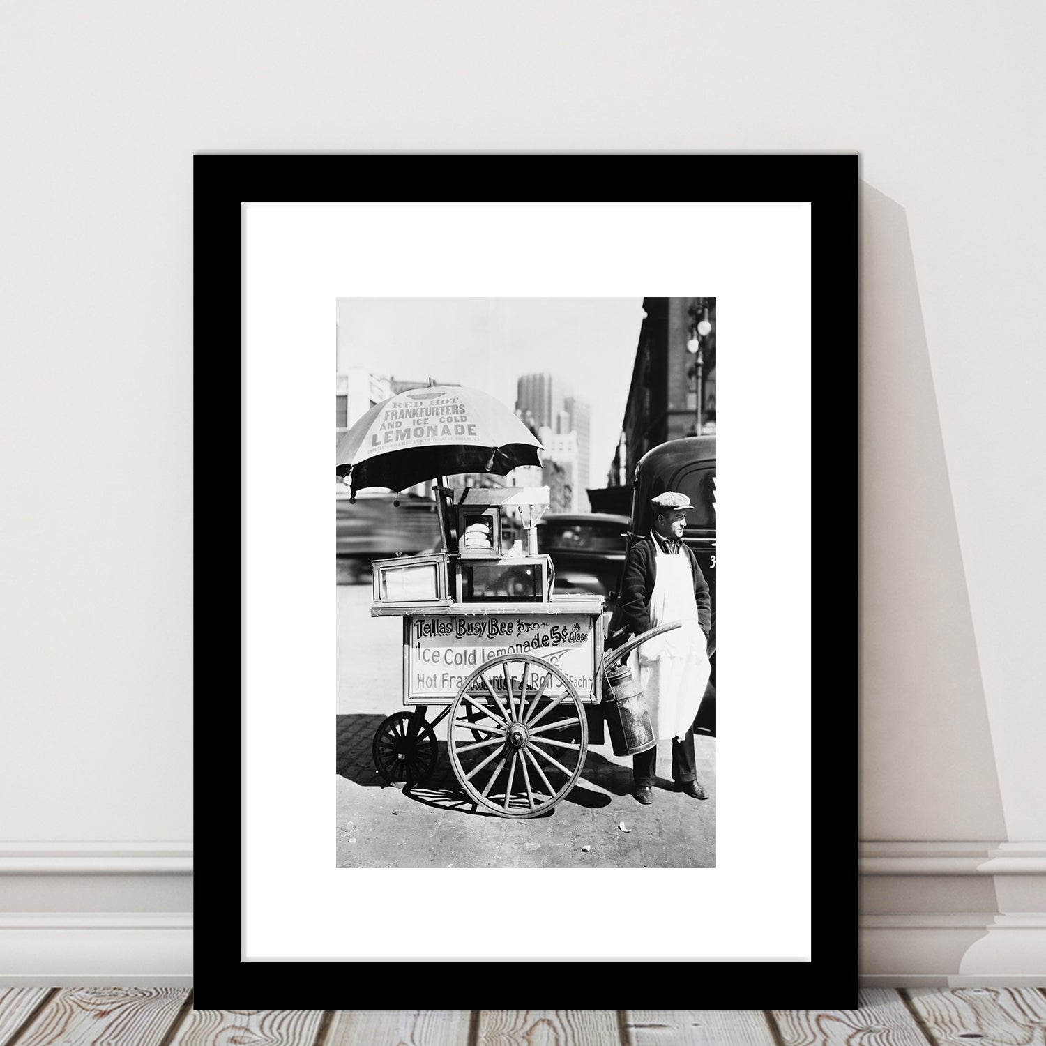 Hot Dog Stand New York City Black and White Art Kitchen Wall Decor, Framed Art Print White Border Wall Decor