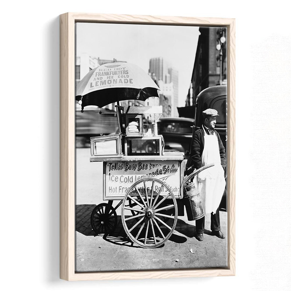 Hot Dog Stand New York City Black and White Art Kitchen Wall Decor, Floating Framed Canvas Print