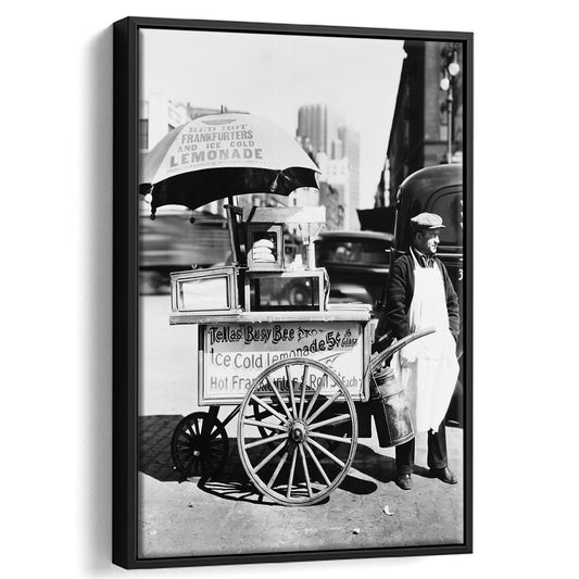 Hot Dog Stand New York City Black and White Art Kitchen Wall Decor, Floating Framed Canvas Print