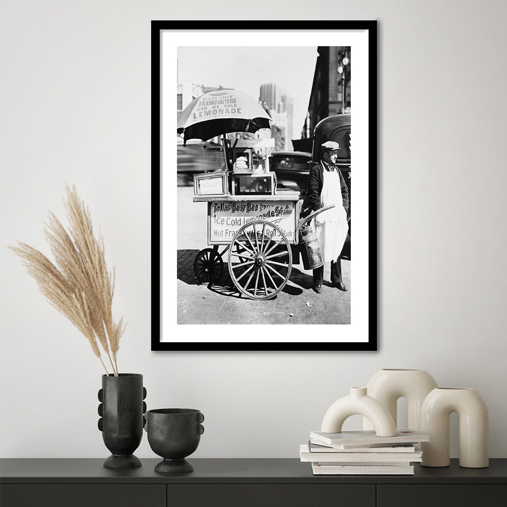 Hot Dog Stand New York City Black and White Art Kitchen Wall Decor, Framed Art Print White Border Wall Decor