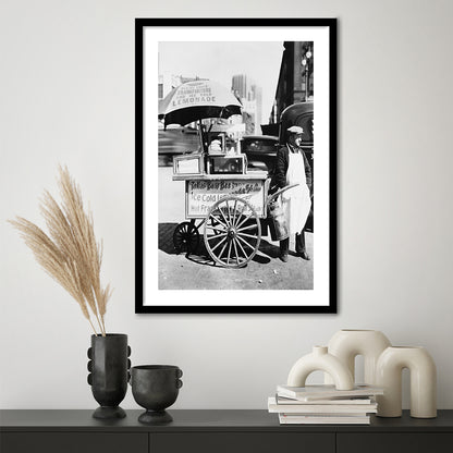 Hot Dog Stand New York City Black and White Art Kitchen Wall Decor, Framed Art Print White Border Wall Decor