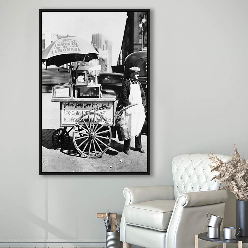 Hot Dog Stand New York City Black and White Art Kitchen Wall Decor, Floating Framed Canvas Print