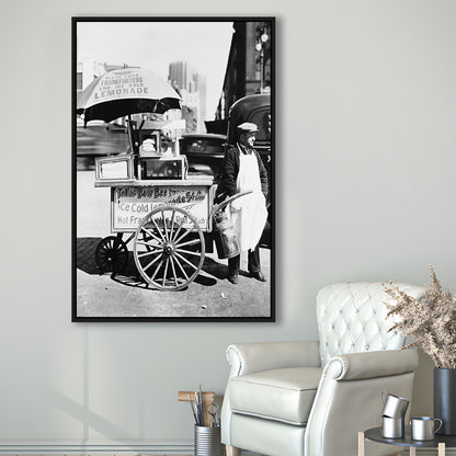 Hot Dog Stand New York City Black and White Art Kitchen Wall Decor, Floating Framed Canvas Print