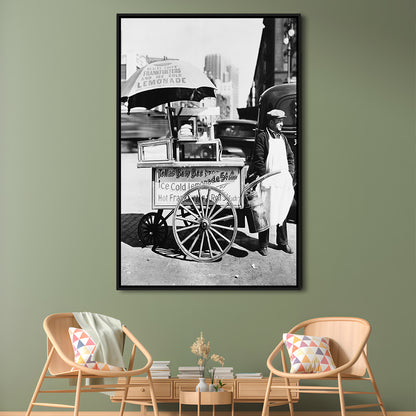 Hot Dog Stand New York City Black and White Art Kitchen Wall Decor, Floating Framed Canvas Print