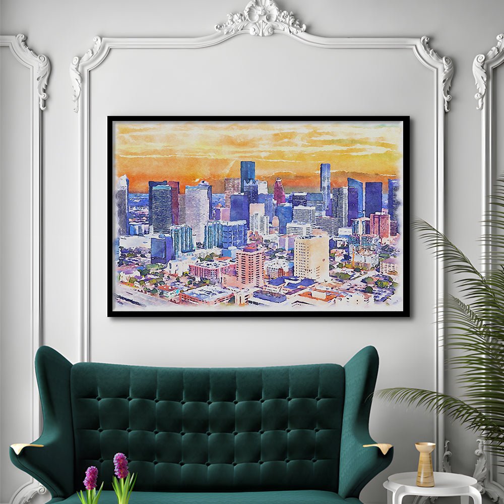 Houston Watercolor Painting Canvas, Houston Texas, Sport Gift Art, Framed Art Print Wall Decor