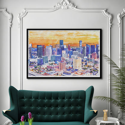 Houston Watercolor Painting Canvas, Houston Texas, Sport Gift Art, Framed Art Print Wall Decor