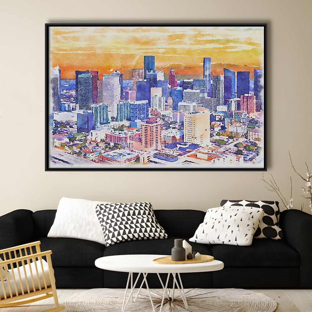 Houston Watercolor Painting Canvas, Houston Texas, Sport Gift Art, Framed Canvas Print Wall Art