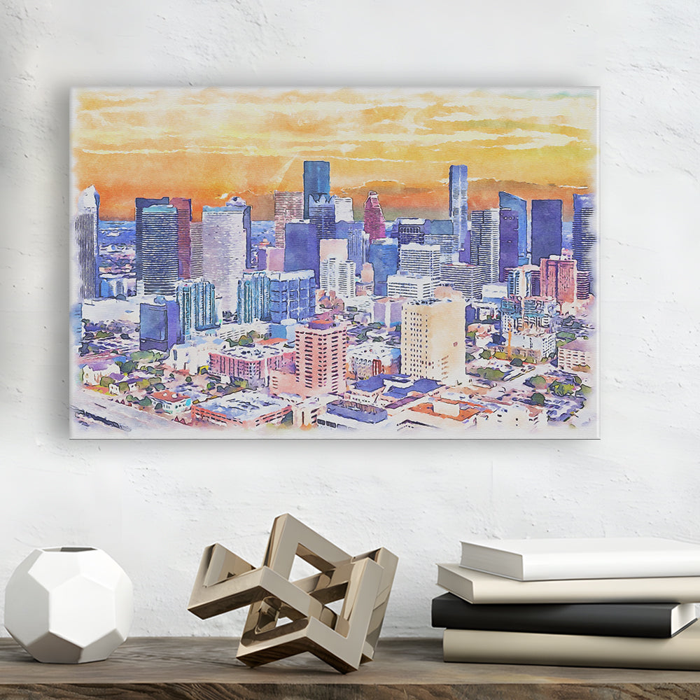 Houston Watercolor Painting Canvas, Houston Texas, Sport Art, Gifts for him, Canvas Print Wall Art