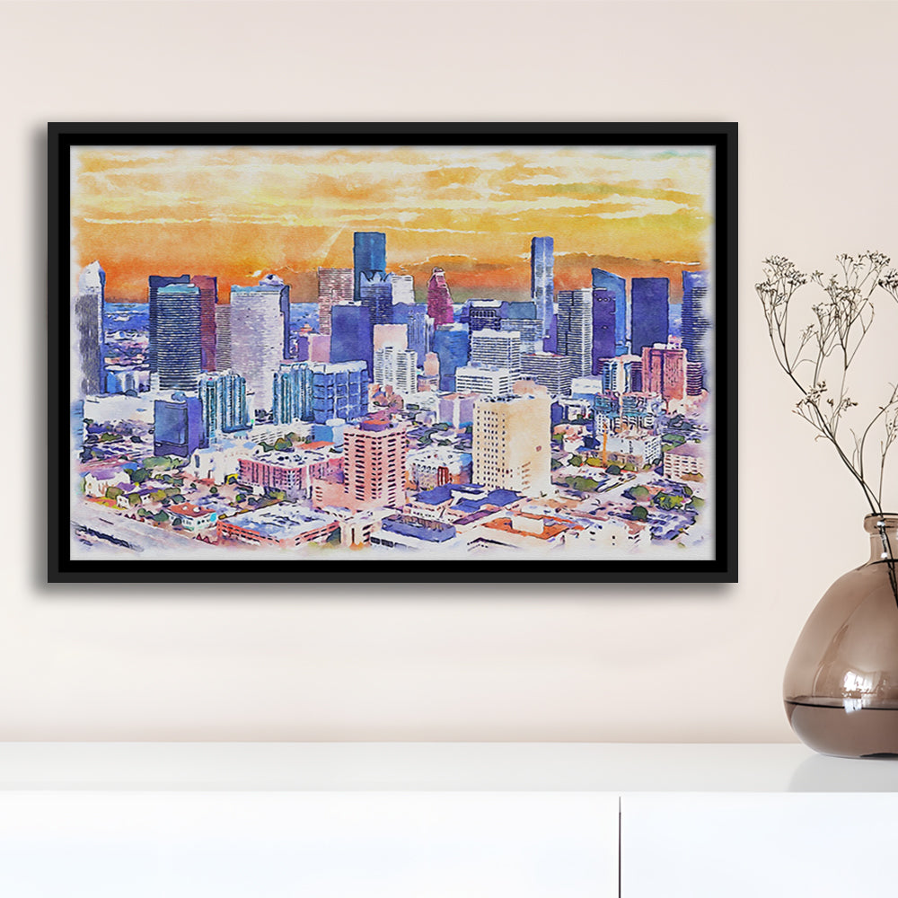 Houston Watercolor Painting Canvas, Houston Texas, Sport Gift Art, Framed Canvas Print Wall Art