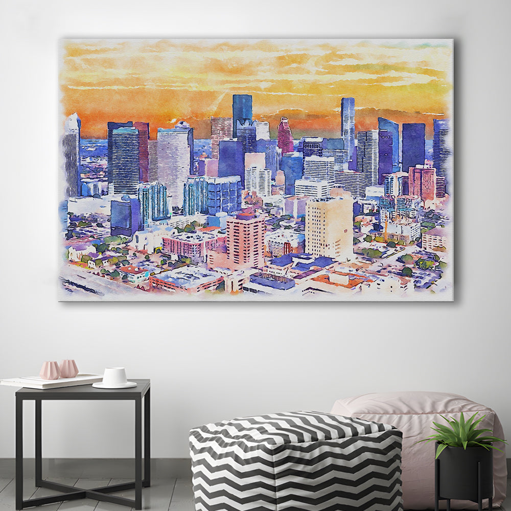 Houston Watercolor Painting Canvas, Houston Texas, Sport Art, Gifts for him, Canvas Print Wall Art
