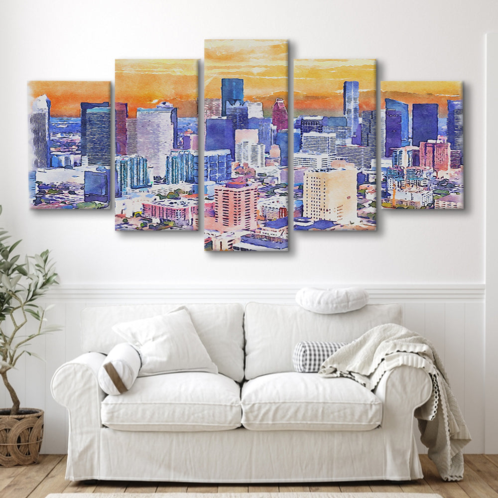 Houston Watercolor Painting Canvas, Houston Texas, Sport Art, Mixed 5 Panel, Canvas Print Wall Art