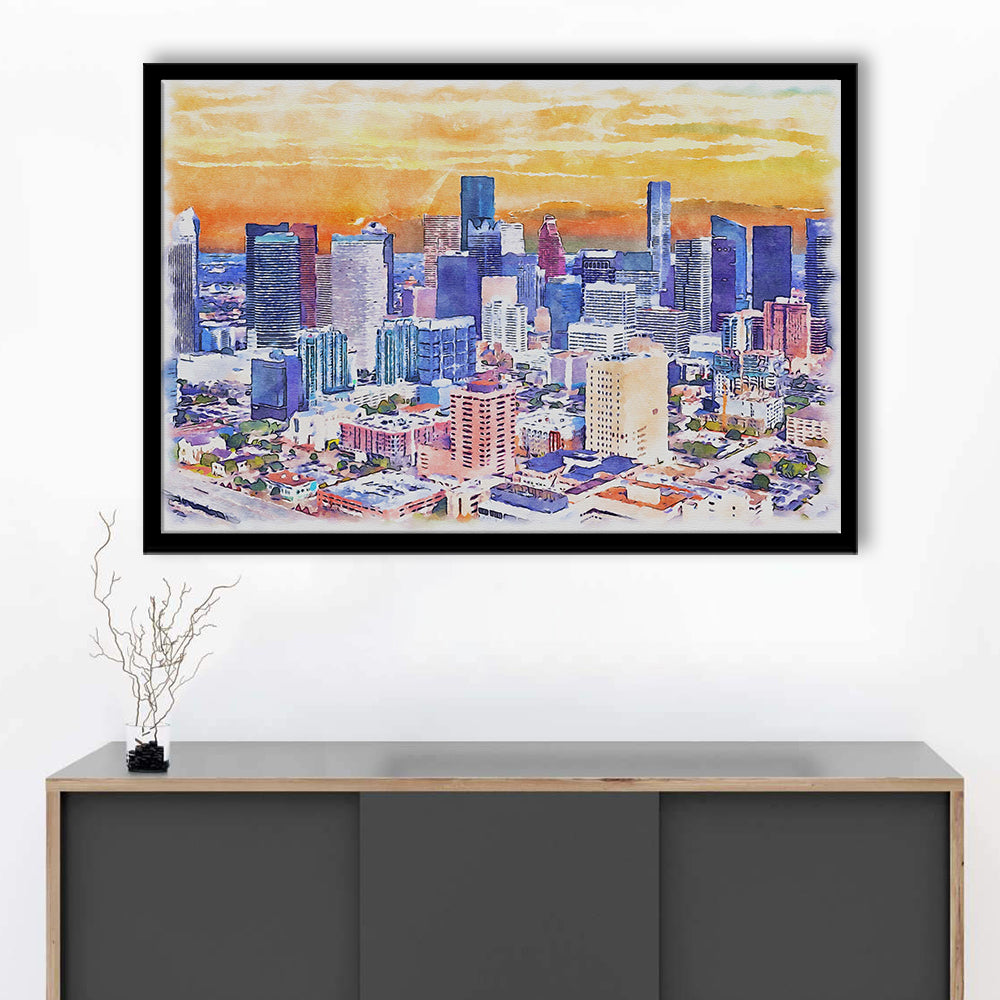 Houston Watercolor Painting Canvas, Houston Texas, Sport Gift Art, Framed Art Print Wall Decor