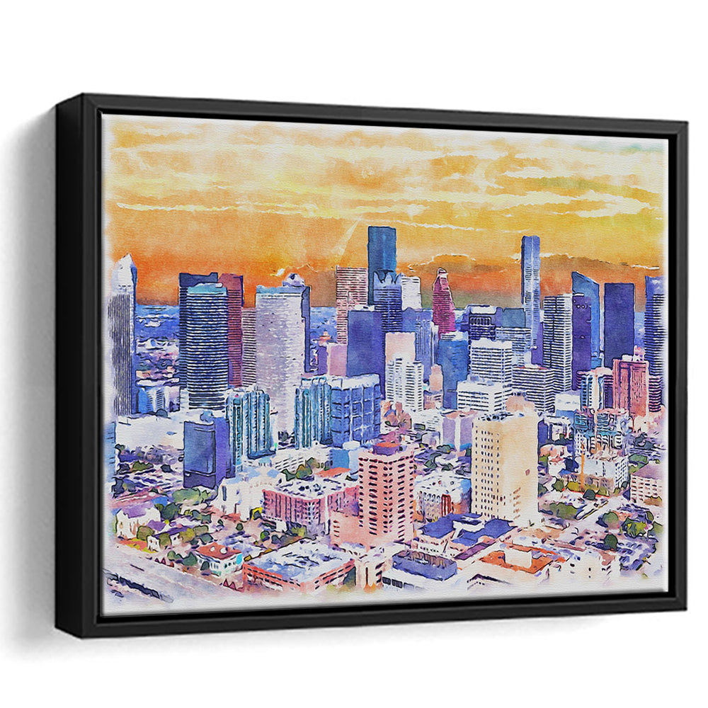 Houston Watercolor Painting Canvas, Houston Texas, Sport Gift Art, Framed Canvas Print Wall Art