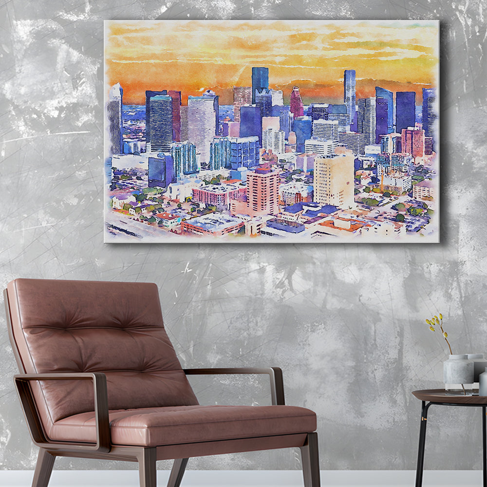 Houston Watercolor Painting Canvas, Houston Texas, Sport Art, Gifts for him, Canvas Print Wall Art